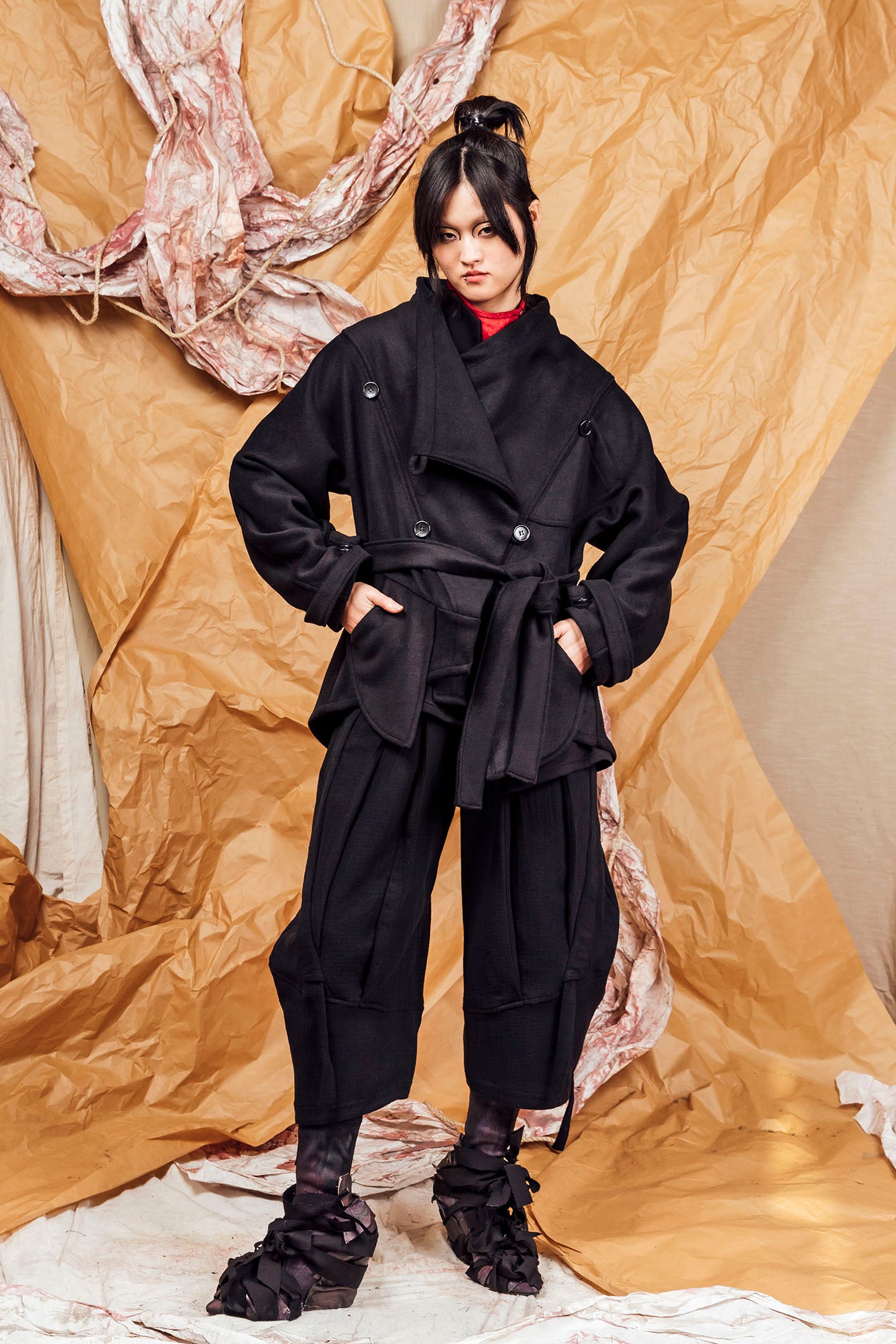 AW25 AMANE WRAP RUCHE COAT - OBSIDIAN