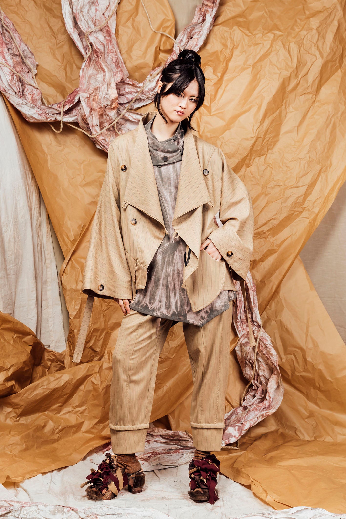 AW25 AMANE WRAP RUCHE COAT - SAND PINSTRIPE