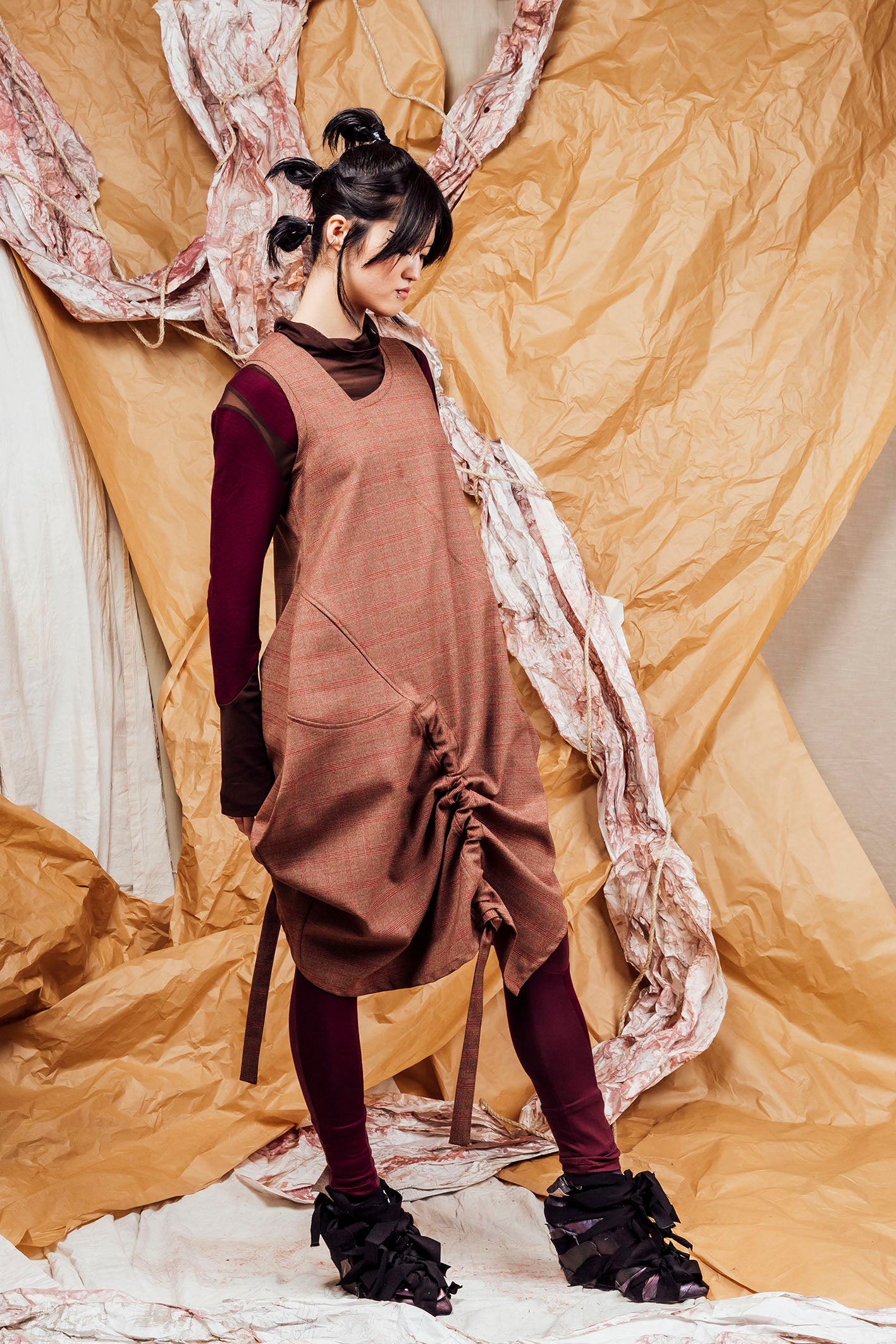 AW25 SHURI  RUCHE TUNIC DRESS - CEDARWOOD CHECK