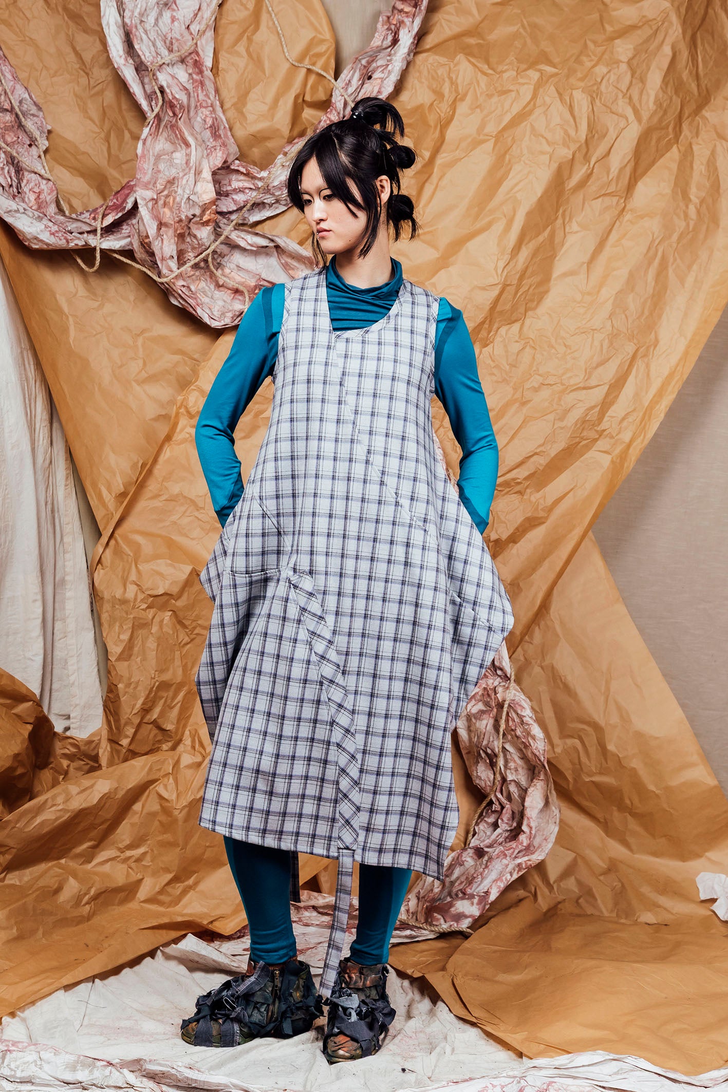 AW25 SHURI  RUCHE TUNIC DRESS - DOVE PLAID