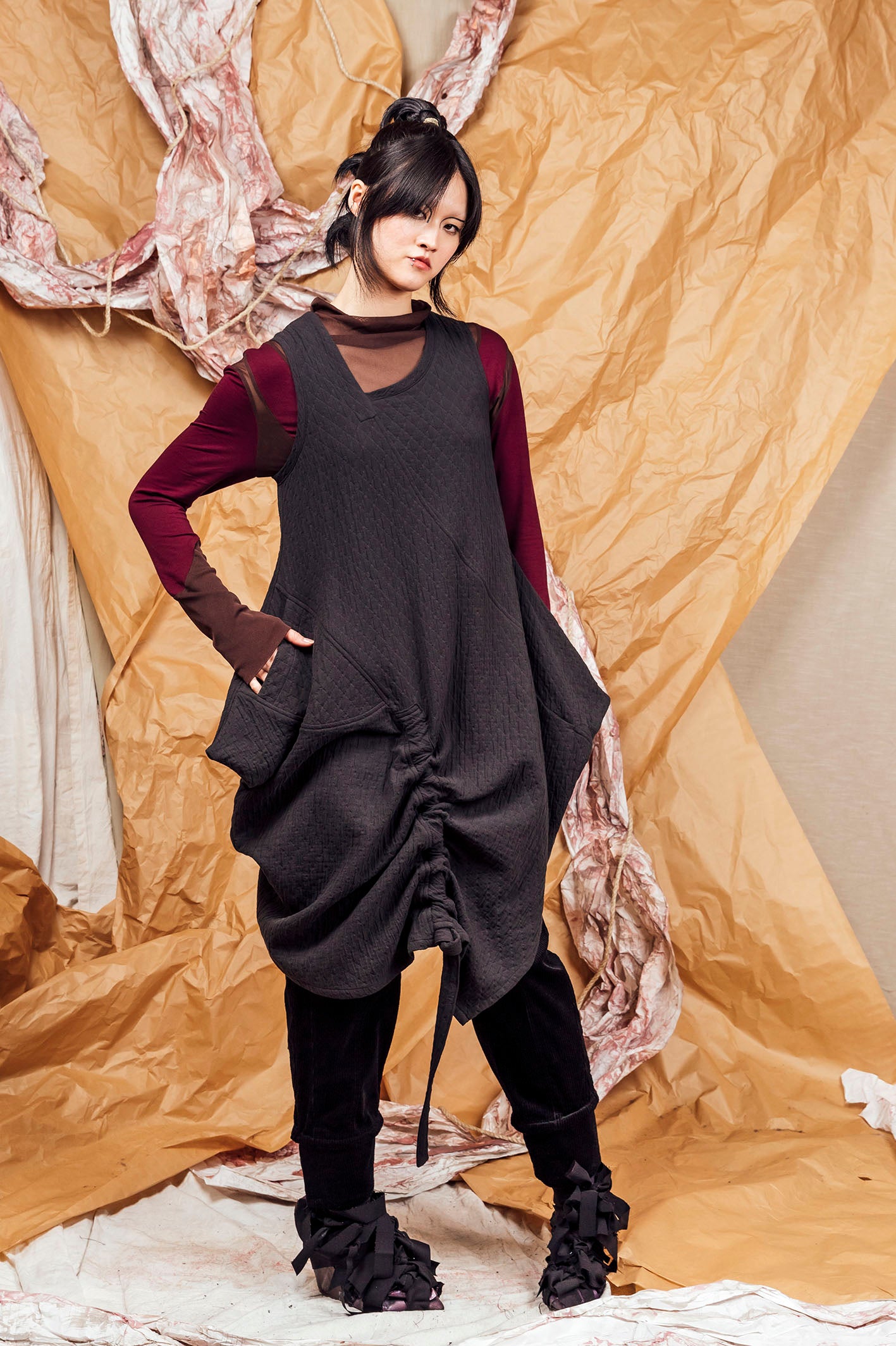 AW25 SHURI  RUCHE TUNIC DRESS - ONYX JACQUARD