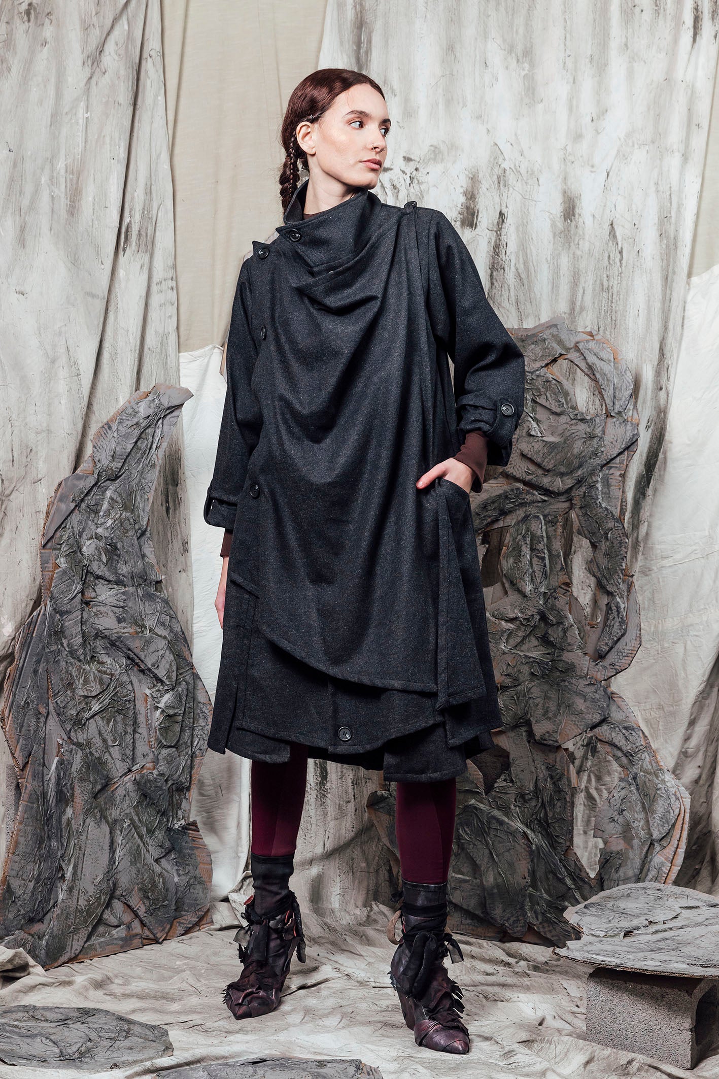 AW24 THORNE DRAPE TRENCH - CHARCOAL FLECK