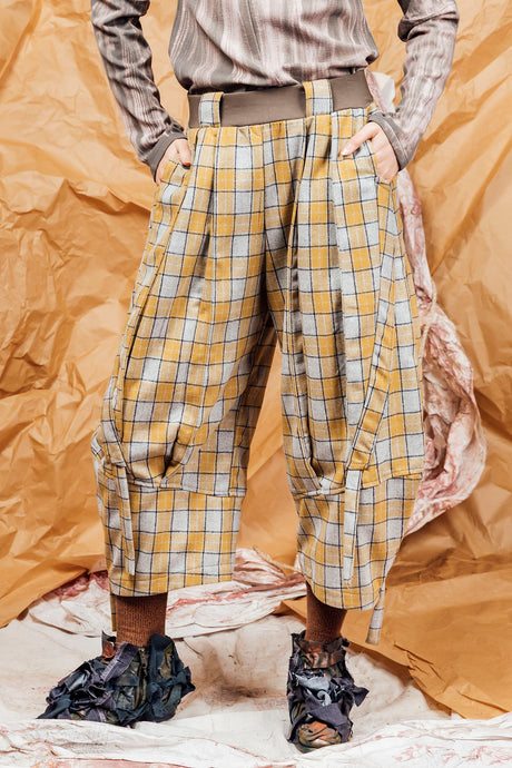 AW25 TOSHI WIDE RUCHE PANTS - CANARY CHECK