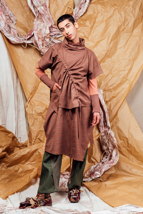 AW25 AKEMI RUCHE BOX TOP - CEDARWOOD CHECK