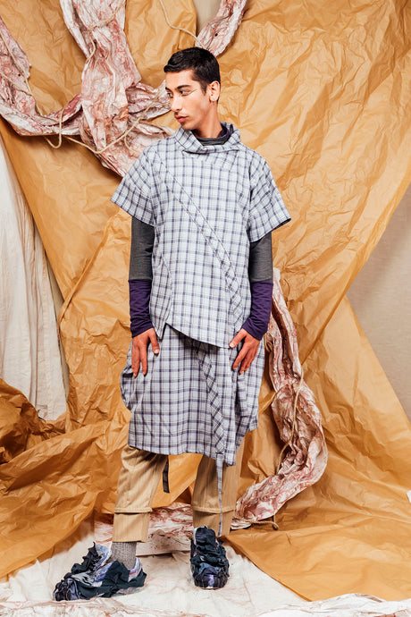 AW25 AKEMI RUCHE BOX TOP - DOVE PLAID
