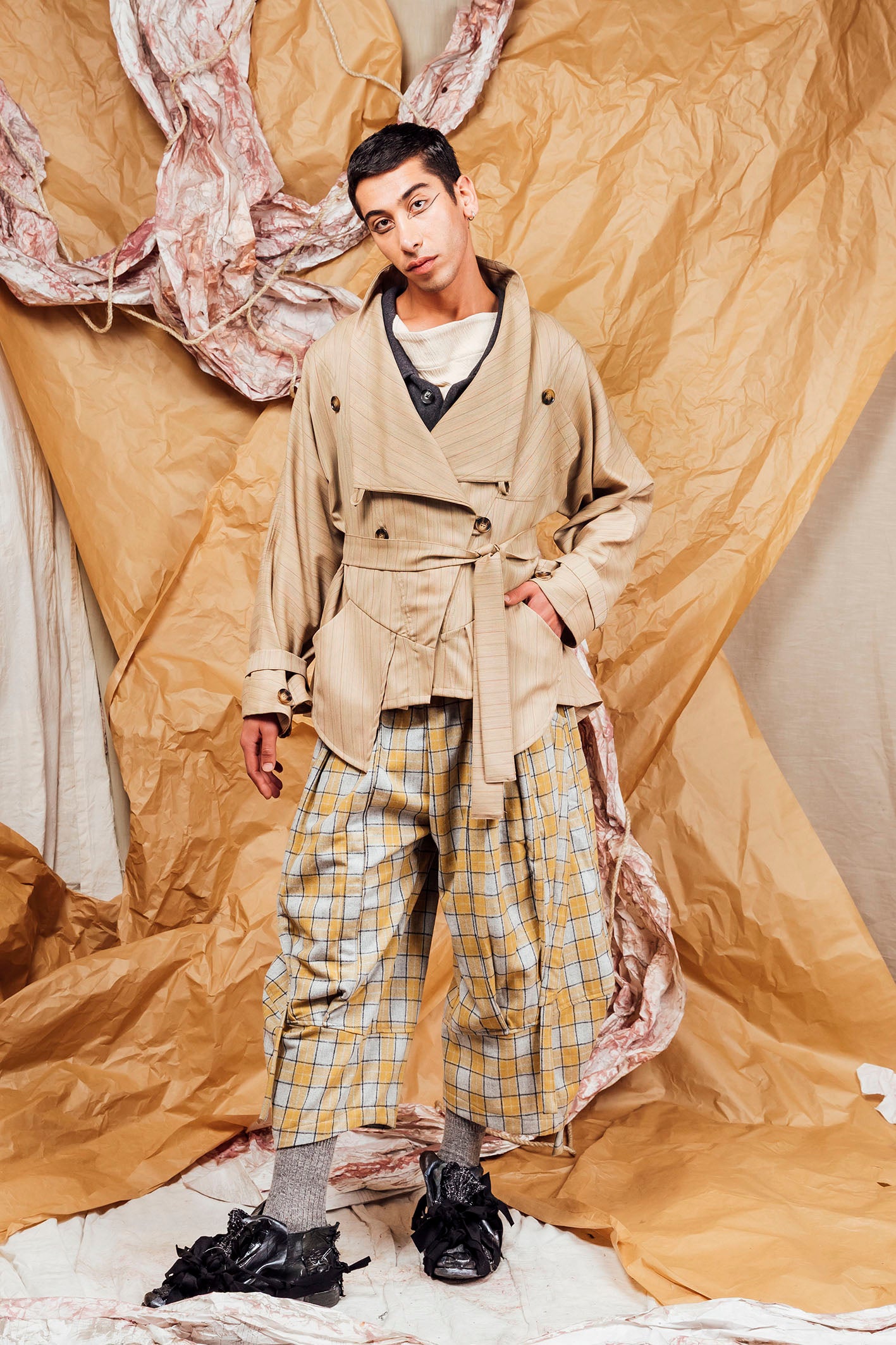 AW25 AMANE WRAP RUCHE COAT - SAND PINSTRIPE