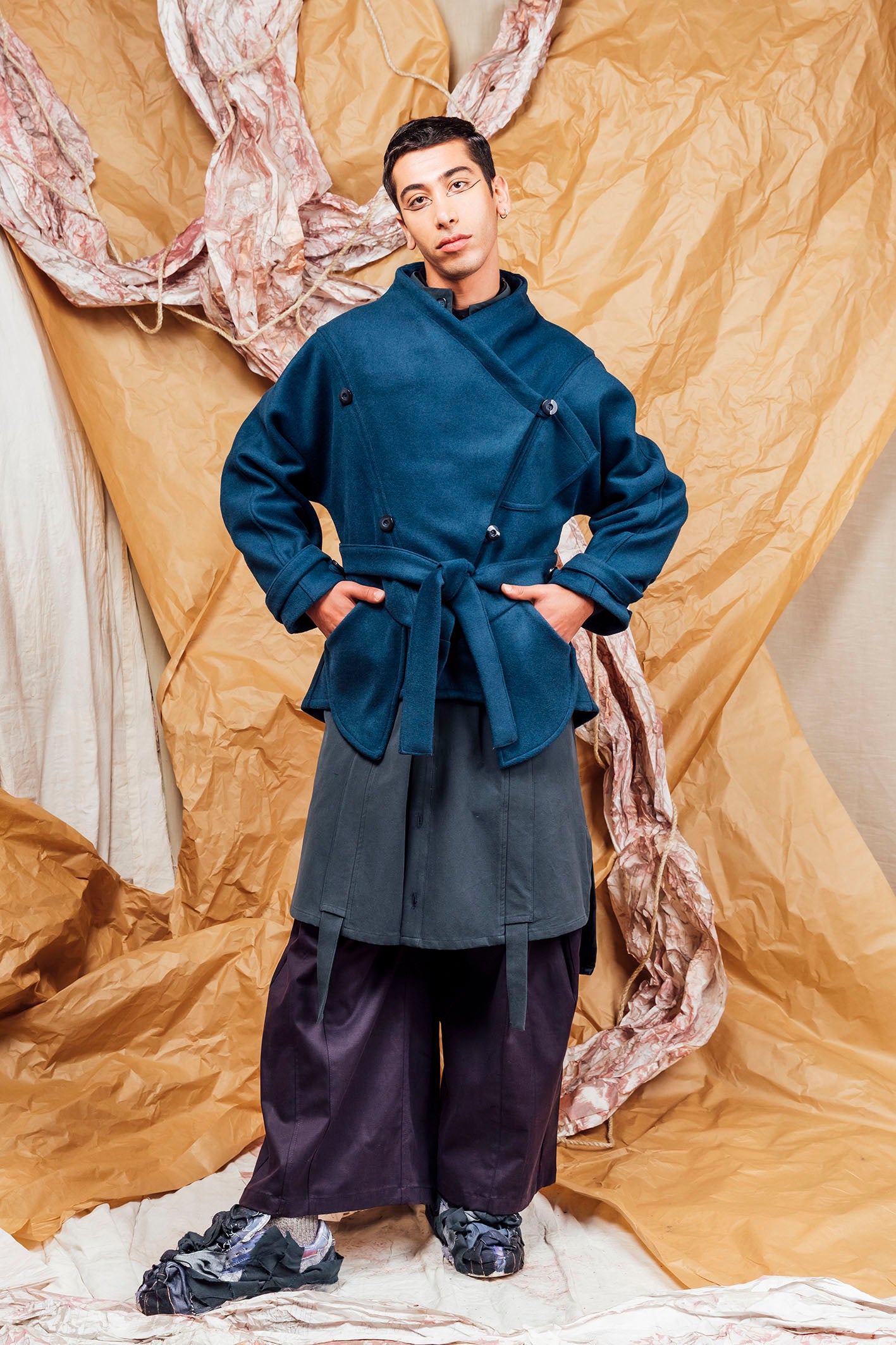 AW25 AMANE WRAP RUCHE COAT - DEEP TEAL