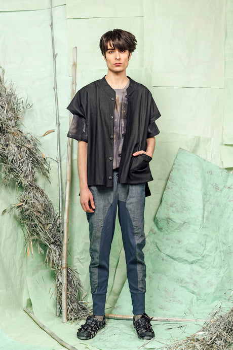 Charcoal Marle, Loose-Fitted, Short-Sleeved, Buttoned, Convertible, Uni-Sex Top