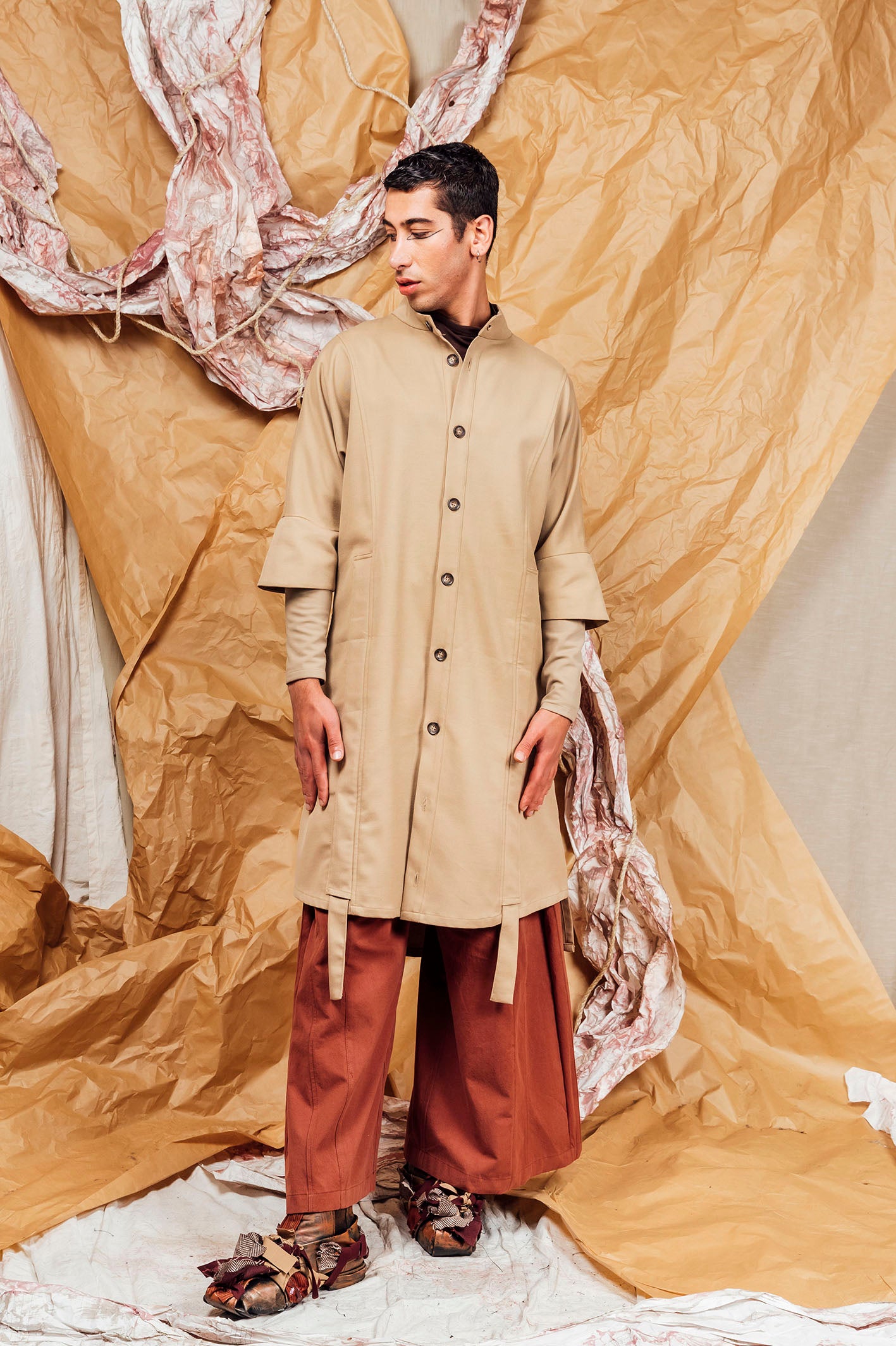 AW25 SAIGE LONG RUCHE JACKET - CAMEL