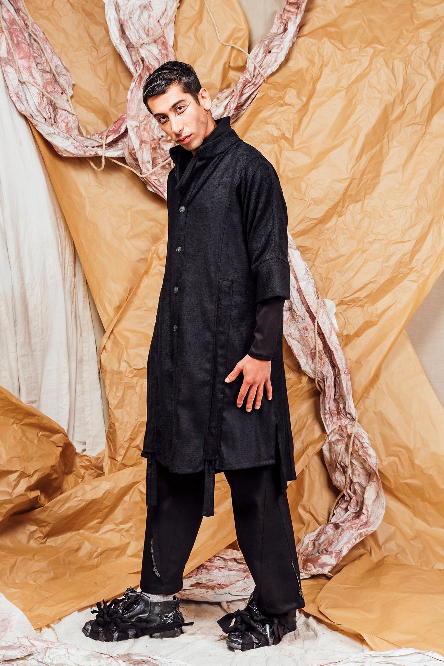 AW25 SAIGE LONG RUCHE JACKET - OBSIDIAN CHENILLE