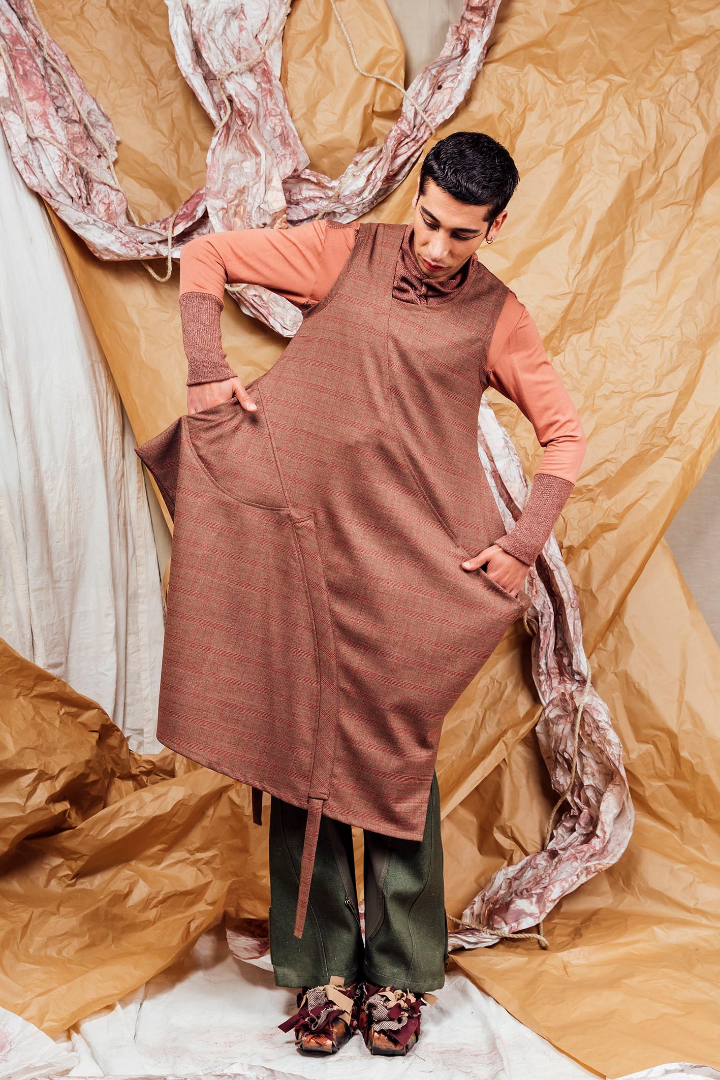 AW25 SHURI  RUCHE TUNIC DRESS - CEDARWOOD CHECK