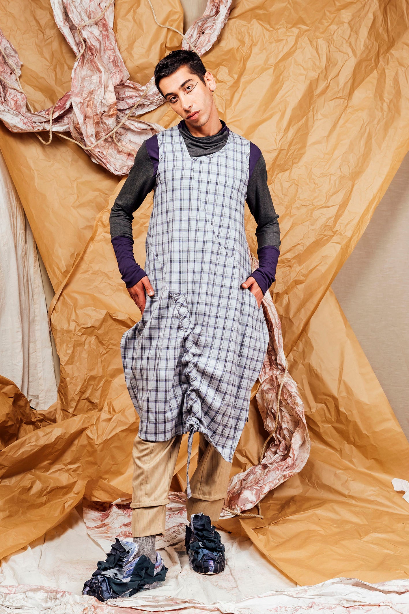 AW25 SHURI  RUCHE TUNIC DRESS - DOVE PLAID