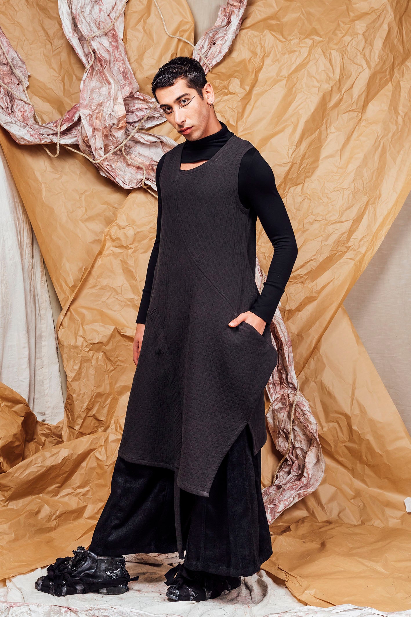 AW25 SHURI  RUCHE TUNIC DRESS - ONYX JACQUARD