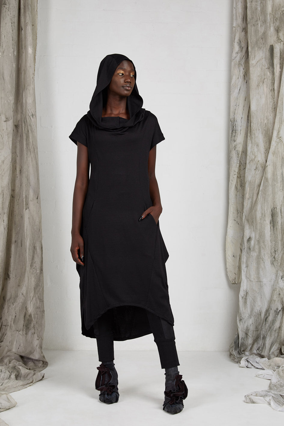 Black Draped Knit Dress with Detachable Hood