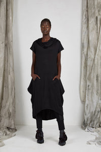 Black Draped Knit Dress with Detachable Hood