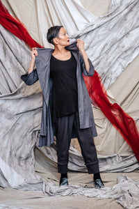 Slate Grey Linen Viscose Twill Cowl Drape Shirt Dress