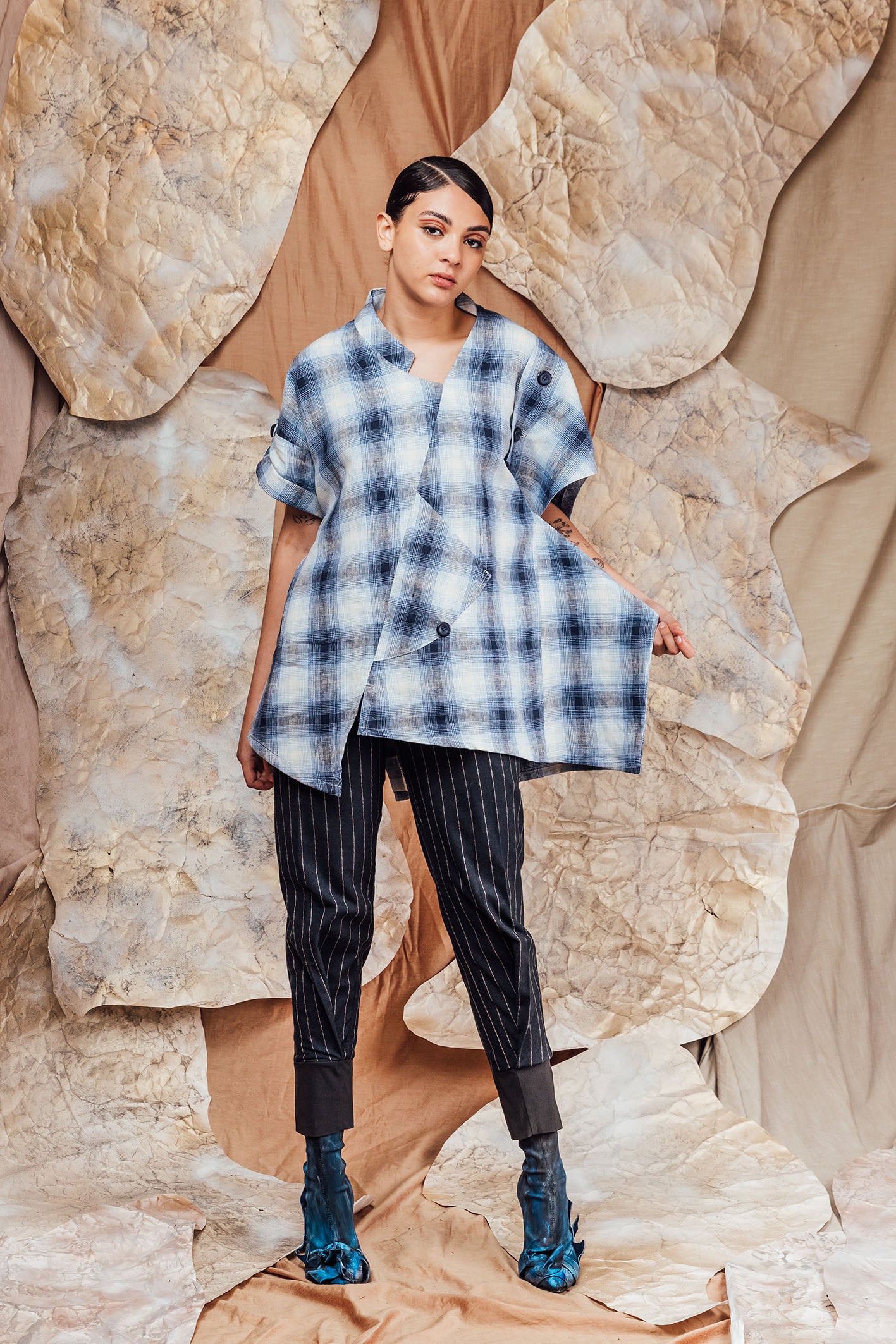 SL23 IMANI ASYMMETRIC BUTTON TOP - INDIGO SHADOW CHECK