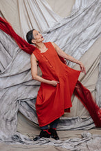 Load image into Gallery viewer, Vermilion Red Cotton Asymmetrical Draped Tunic Dress with pockets