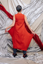 Load image into Gallery viewer, Vermilion Red Cotton Asymmetrical Draped Tunic Dress with pockets