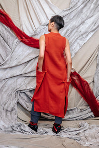 Vermilion Red Cotton Asymmetrical Draped Tunic Dress with pockets