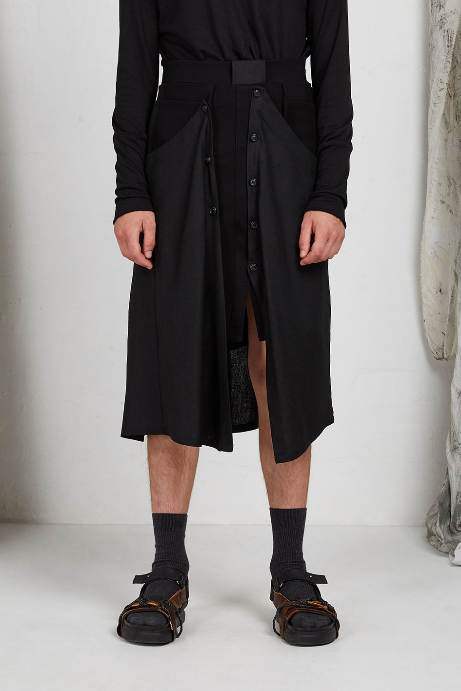 Black Viscose Tailored Menswear Unisex Skirt with Button off Drape Panels