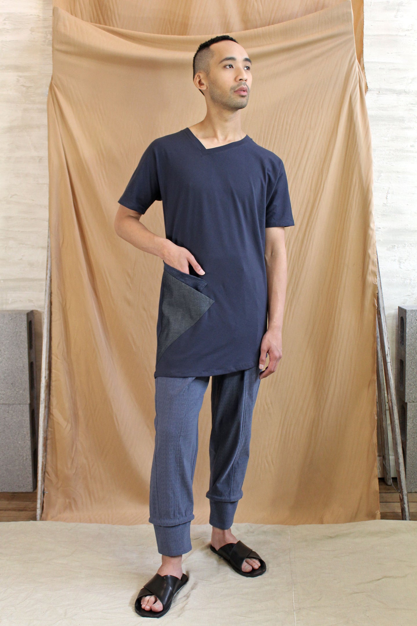 mens asymmetrical v neck long line tee